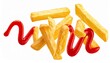 © photostockatinat - Golden potato fries served with a vibrant red ketchup swirl. The fries are perfectly crisp and golden brown, complemented by the tangy sweetness of the ketchup