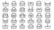 © JollyRita - Picnic basket line icon set. Wicker basket, blanket, outdoor food, lunch, park meal outline vector illustrations on white background. Symbols for picnic and summer lifestyle.