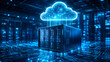 © DEXTEROUA - Digital shipping container with neon cloud icon sits on futuristic circuit board. Represents cloud storage data management and tech solutions. Safe data transfer and digital warehouse concept.