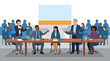 © Salim - Diverse panel of speakers debating and discussing ideas at a conference or meeting with an audience watching