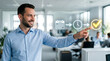 © Tonni - Businessman interacting with digital icons, office workflow optimization, productivity tools, modern workspace