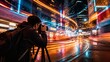 © Galina Petrova - Photographer capturing city lights at night with camera on tripod