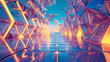 © basira - A futuristic, crystalline tunnel with glowing orange and blue geometric structures reflecting on a polished floor.