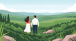© Mostofa - Romantic couple holding hands while admiring a vast green mountain landscape under a bright sky with birds flying in the distance.