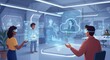© Rio - 次世代テクノロジーオフィスで人々が青い光を放つホログラフィックデータを操作し効率的に協働する. AI Generated
