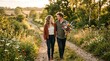 © kiwir - A Couple Enjoys a Romantic Stroll Through a Sun-Drenched Countryside Path, Carrying a Vibrant Bouquet of Freshly Picked Flowers