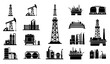 © Hosneara - Industrial Oil Rig and Petroleum Refinery Silhouette Icon Set with Drilling Derricks Pumpjacks Fuel Tanks and Factory Infrastructure Graphic Design Elements