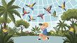 © Grogolan - A young boy takes a photo of colorful birds flying over a tropical forest.