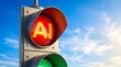 © Love 4 YOU - Traffic light with red light showing ai text against a blue sky background, representing artificial intelligence regulation and safety concepts