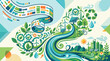 © ridantyo - Flat vector illustration showcasing a sustainable green energy concept with wind turbines, solar panels, recycle symbols, eco-friendly city, and nature elements in a flow design.