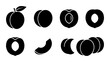 © Khalid - Black Peach Icons: Whole, Halved, Sliced, and Grouped Vector Graphics for Food and Fruit Designs