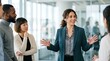 © Eve - Confident professional businesswoman leading a creative meeting with diverse colleagues in a modern office, dynamic communication and teamwork, corporate leadership and business strategy concept.