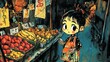 © ebosBond - Stylized digital illustration of a young girl with a bun hairstyle wearing an orange apron standing before a market stall with crates of bananas, tomatoes, and citrus fruits.