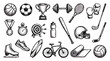 © Elite - Hand drawn sports equipment collection featuring balls trophies and fitness gear sketches isolated on white, providing diverse icons for athletic branding and representing active lifestyles