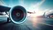 © MiraeStudio - Close-up of an airplane engine on the runway at sunset.