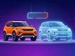 © Heini - 鮮やかなオレンジ車と未来的な光る車の並び