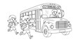 © nurjan100 - Cartoon kids running to school bus coloring page, design for: children's educational activity books, preschool back to school worksheets, kindergarten coloring printables. Vector. Transparent SVG.