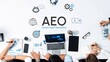 © InfiniteFlow - Collaborative Workspace Featuring AEO Answer Engine Optimization Strategies on a Modern Office Table with Laptops and Notebooks. Entropy.