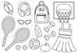 © Iry - Hand drawn set of sports-themed objects and attributes. Ink doodle clip art, including ball, basketball hoop, tennis rackets, dumbbells, sportswear, backpack, headphones. Vector graphics