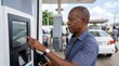 © Taras Roshchuk - A man stands at a fuel pump kiosk in a gas station. He is using the touch screen to select options while cars are parked nearby. It is a sunny day and the station is busy