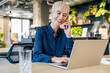 © BusinessClass by W61 - Smiling businesswoman talking on cell phone using laptop in office