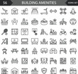 © Saad - Building amenities line icon set featuring real estate apartment gym, hotel service pool, secure parking garage
