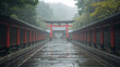 © bephoto - 雨上がりの神社境内と赤い社殿が静かに広がる背景
