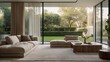 © Aruica - Modern living room with large windows overlooking a green garden