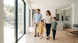 © Felippe Lopes - Happy family walking through a modern bright home with large windows and a kitchen in the background