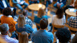 © Laura - Overhead view of faceless group attending neighborhood meeting in community center, bird's eye perspective, meeting layout, group formation, spatial view, with copy space