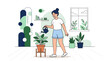 © LAIJU  - woman watering plant, indoor gardening, home decor, flat illustration, minimalist style isolated on White Background vector eps silhouette