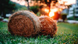 © Jhati - Close up view of round hay bales on a grass field during a golden hour sunset with landscape
