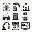 © Crazy Dark Queen - Smart recycling system icons set with barcode scanning plastic bottles sorting bins robotic arms and charts