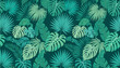 © Lili Begum - Tropical green palm leaves seamless pattern vector illustration with monstera deliciosa and banana foliage elements on a dark jungle background design layout.