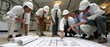 © Mrammon - Engineer architect construction blueprint hard hat meeting teamwork planning design discussion engineer and architect team construction meeting study large blueprint floor indoor lighting with