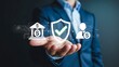 © Forida - Businessman shows digital financial security. Virtual icons for banking, protected funds, customer service. Emphasizes online safety, data assurance