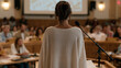 © forenna - Heated city council deliberation unfolds as resident approaches public comment microphone, elected members exchanging documents behind official nameplates, overhead projector