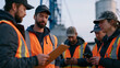 © Tania - Harvest prep crew leader distributing daily equipment assignments to workers gathered beside grain elevator before dawn mist lifts, clipboard in hand, seasonal laborers in worn hats checking phones