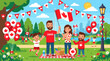 © Rifqi Firmansyah - Joyful Canadian family celebrating national pride with a festive summer picnic in a vibrant park, adorned with maple leaf flags and balloons, enjoying togetherness