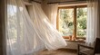 © Pervez - cozy room sheer curtains wooden floor indoor plants natural light relaxing atmosphere home decor interior design calming ambiance window seat comfortable seating soft drapes