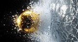 Golden soccer ball shattering through ice with splintered fragments and water droplets against black background perfect for sports advertising and dynamic visuals