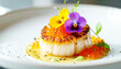 © Bill - Scallop dish with a pansy flower and caviar garnish, fine dining. AI