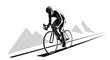 © Suma - Silhouette of a determined road cyclist pedaling uphill on a long road against a backdrop of distant stylized mountain peaks.