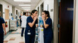 © logonv - Two women nurses talking and gossiping in hospital corridor. Medical staff drinking coffee during break time. Healthcare professional working in clinic. Communication and break concept.
