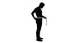 © Waleed  - Minimalist black vector graphic silhouette showing a slender man carefully using a long white tape measure to check his waist size for fitness progress tracking in this clean digital illustration.