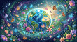 ©  CozyVisionary - A vibrant digital illustration featuring Planet Earth encircled by blooming flowers and colorful butterflies against a magical starry nebula. Ideal for concepts of nature and ecology.