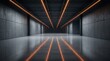 © Umnat - Empty industrial hall with orange LED lights and grey concrete walls 3D rendering.