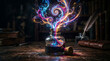 © kucing - Unlocking imagination and creativity with a magical ink bottle, spilling colorful swirls of inspiration onto an antique desk
