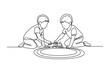 © Three - Continuous line drawing of two young boys playing with a toy train set on the floor.