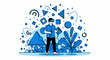 © Uswatun - Person wearing VR headset in virtual environment with blue shapes and plants